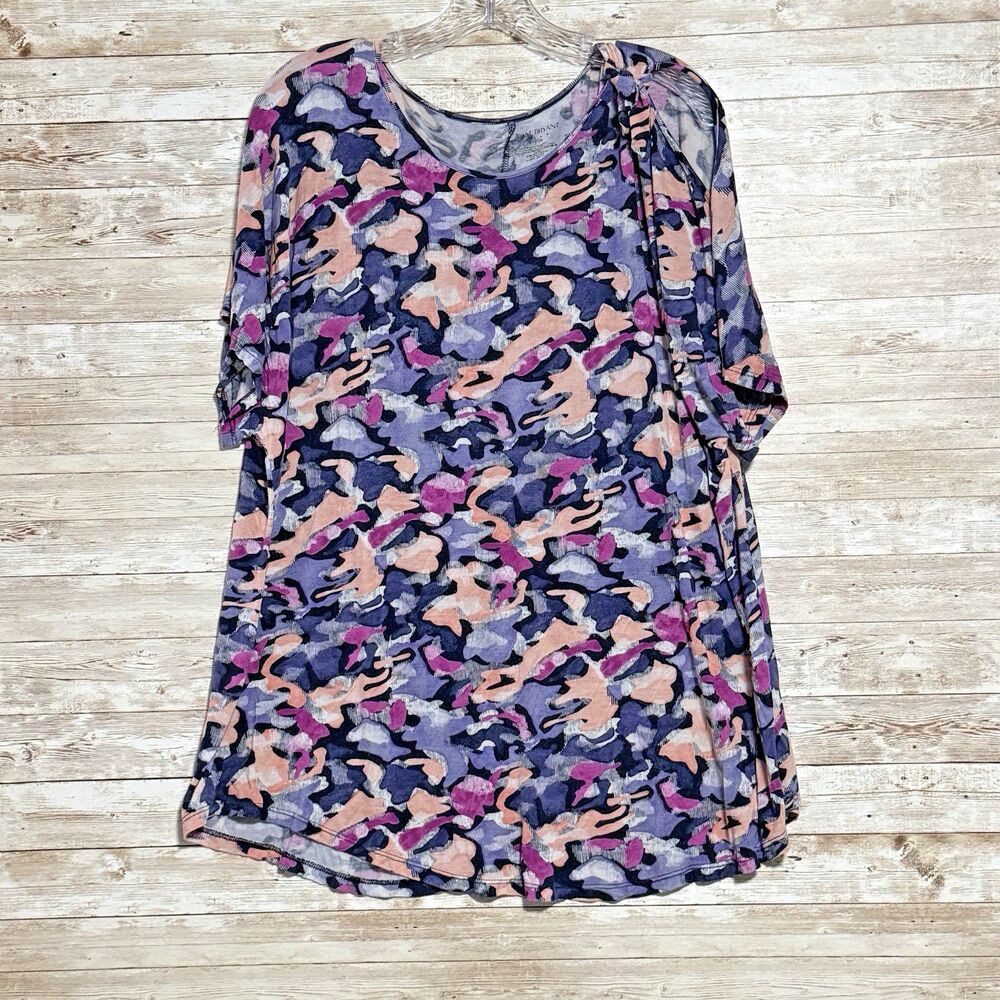 Lane Bryant Purple Camo Tunic Blouse Top Sz 18/20 Tie Knot Open Shoulder